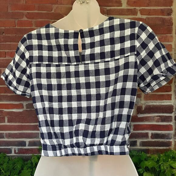 Maddie Navy Blue and White Gingam Front Tie Pull-over Blouse Size Large Summer  - Picture 7 of 11